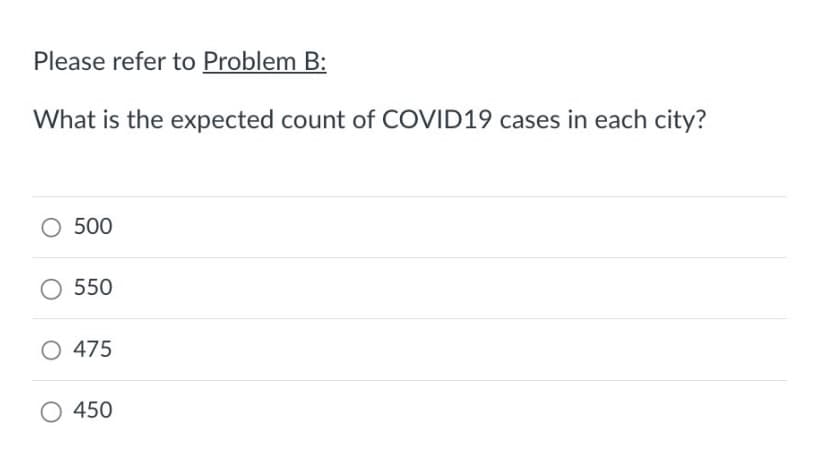 Please refer to Problem B:
What is the expected count of COVID19 cases in each city?
O 500
550
O 475
O 450