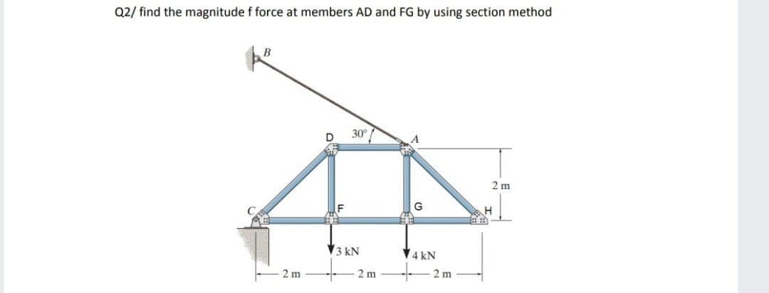 Q2/ find the magnitude f force at members AD and FG by using section method
B
2 m
30
3 kN
2 m
A
4 kN
2m
2 m
H