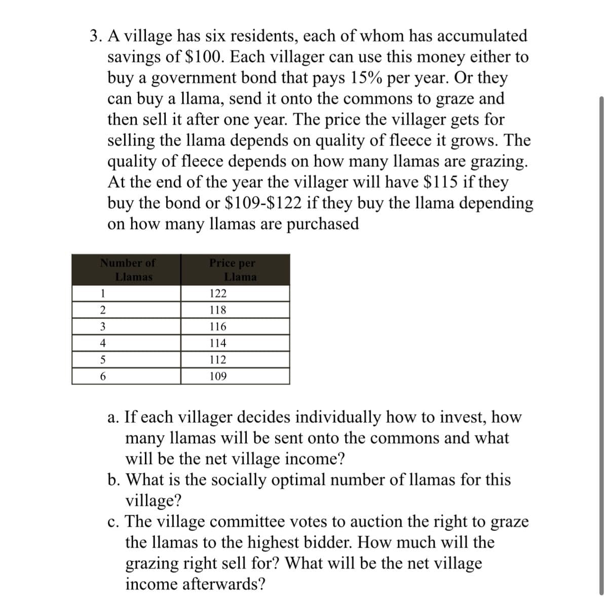 3. A village has six residents, each of whom has accumulated
savings of $100. Each villager can use this money either to
buy a government bond that pays 15% per year. Or they
can buy a llama, send it onto the commons to graze and
then sell it after one year. The price the villager gets for
selling the llama depends on quality of fleece it grows. The
quality of fleece depends on how many llamas are grazing.
At the end of the year the villager will have $115 if they
buy the bond or $109-$122 if they buy the llama depending
on how many llamas are purchased
Number of
Llamas
1
2
3
4
5
6
Price per
Llama
122
118
116
114
112
109
a. If each villager decides individually how to invest, how
many llamas will be sent onto the commons and what
will be the net village income?
b. What is the socially optimal number of llamas for this
village?
c. The village committee votes to auction the right to graze
the llamas to the highest bidder. How much will the
grazing right sell for? What will be the net village
income afterwards?