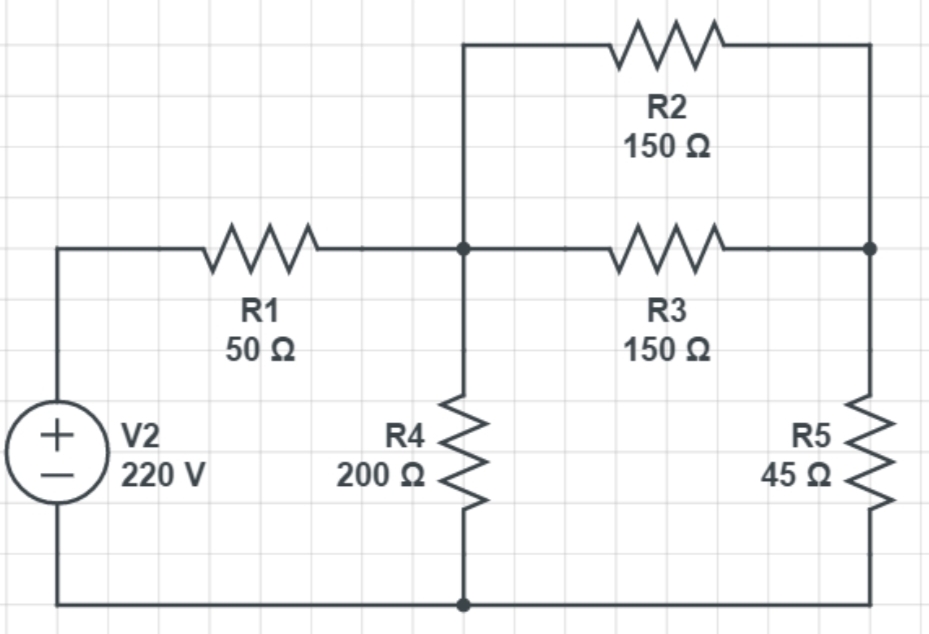 www
R1
50 Ω
+ \v2
V2
220 V
R4
200 Ω
ww
m
R2
150 Ω
Μ
R3
150 Ω
Μ
R5
45 Ω
www