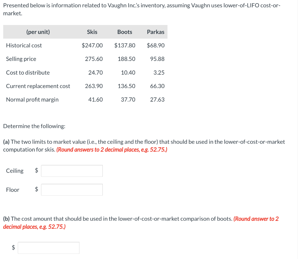 Presented below is information related to Vaughn Inc.'s inventory, assuming Vaughn uses lower-of-LIFO cost-or-
market.
Historical cost
Selling price
Cost to distribute
(per unit)
Current replacement cost
Normal profit margin
Determine the following:
Ceiling
Floor
$
$
Skis
$
$247.00
275.60
24.70
263.90
41.60
Boots
$137.80
188.50
10.40
136.50
37.70
Parkas
$68.90
(a) The two limits to market value (i.e., the ceiling and the floor) that should be used in the lower-of-cost-or-market
computation for skis. (Round answers to 2 decimal places, e.g. 52.75.)
95.88
3.25
66.30
27.63
(b) The cost amount that should be used in the lower-of-cost-or-market comparison of boots. (Round answer to 2
decimal places, e.g. 52.75.)