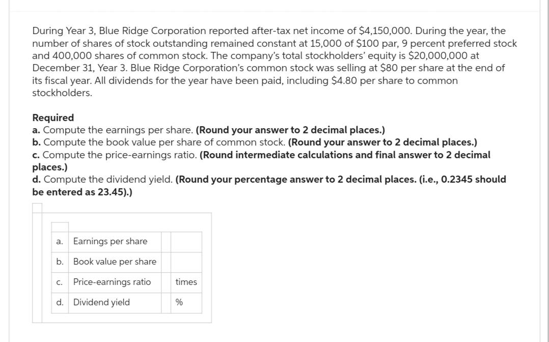 During Year 3, Blue Ridge Corporation reported after-tax net income of $4,150,000. During the year, the
number of shares of stock outstanding remained constant at 15,000 of $100 par, 9 percent preferred stock
and 400,000 shares of common stock. The company's total stockholders' equity is $20,000,000 at
December 31, Year 3. Blue Ridge Corporation's common stock was selling at $80 per share at the end of
its fiscal year. All dividends for the year have been paid, including $4.80 per share to common
stockholders.
Required
a. Compute the earnings per share. (Round your answer to 2 decimal places.)
b. Compute the book value per share of common stock. (Round your answer to 2 decimal places.)
c. Compute the price-earnings ratio. (Round intermediate calculations and final answer to 2 decimal
places.)
d. Compute the dividend yield. (Round your percentage answer to 2 decimal places. (i.e., 0.2345 should
be entered as 23.45).)
Earnings per share
b. Book value per share
a.
C. Price-earnings ratio
Dividend yield
d.
times
%