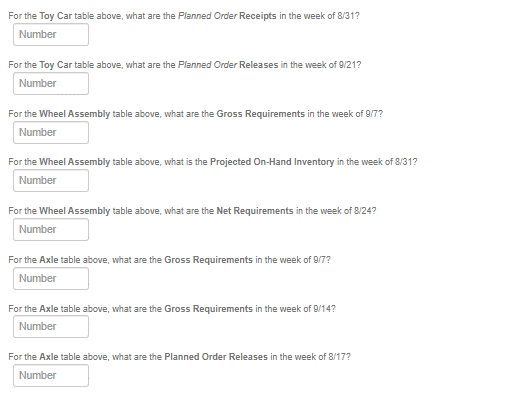 ### Material Requirement Planning (MRP) Questions:

#### Toy Car

1. **Planned Order Receipts**
   - **Question**: For the Toy Car table above, what are the Planned Order Receipts in the week of 8/31?
   - **Answer**: <input type="text" placeholder="Number">
   
2. **Planned Order Releases**
   - **Question**: For the Toy Car table above, what are the Planned Order Releases in the week of 9/21?
   - **Answer**: <input type="text" placeholder="Number">
   
#### Wheel Assembly

3. **Gross Requirements**
   - **Question**: For the Wheel Assembly table above, what are the Gross Requirements in the week of 9/7?
   - **Answer**: <input type="text" placeholder="Number">
   
4. **Projected On-Hand Inventory**
   - **Question**: For the Wheel Assembly table above, what is the Projected On-Hand Inventory in the week of 8/31?
   - **Answer**: <input type="text" placeholder="Number">
   
5. **Net Requirements**
   - **Question**: For the Wheel Assembly table above, what are the Net Requirements in the week of 8/24?
   - **Answer**: <input type="text" placeholder="Number">

#### Axle

6. **Gross Requirements (Week of 9/7)**
   - **Question**: For the Axle table above, what are the Gross Requirements in the week of 9/7?
   - **Answer**: <input type="text" placeholder="Number">
   
7. **Gross Requirements (Week of 9/14)**
   - **Question**: For the Axle table above, what are the Gross Requirements in the week of 9/14?
   - **Answer**: <input type="text" placeholder="Number">
   
8. **Planned Order Releases**
   - **Question**: For the Axle table above, what are the Planned Order Releases in the week of 8/17?
   - **Answer**: <input type="text" placeholder="Number">
   
**Note:** Ensure to refer to the specific tables associated with each component (Toy Car, Wheel Assembly, and Axle) to provide accurate numeric values for the Planned Order Receipts, Planned Order Releases, Gross Requirements, Projected On