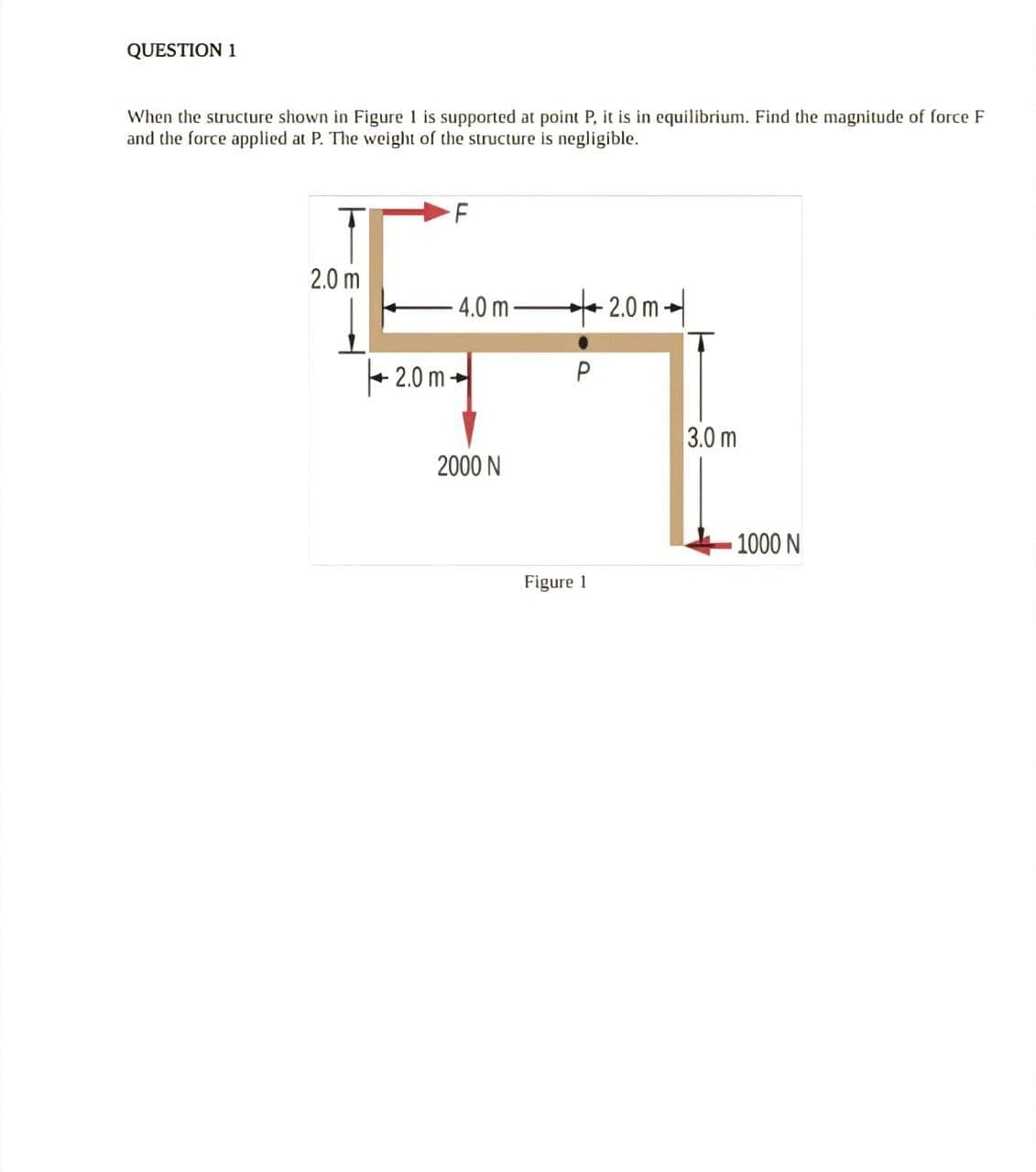 QUESTION 1
When the structure shown in Figure I is supported at point P, it is in equilibrium. Find the magnitude of force F
and the force applied at P. The weight of the structure is negligible.
2.0 m
4.0 m
* 2.0 m-
+ 2.0 m -
3.0 m
2000 N
1000 N
Figure 1
