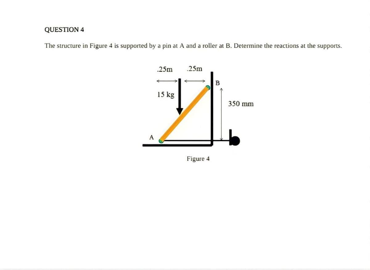 QUESTION 4
The structure in Figure 4 is supported by a pin at A and a roller at B. Determine the reactions at the supports.
.25m
.25m
15 kg
350 mm
A
Figure 4
