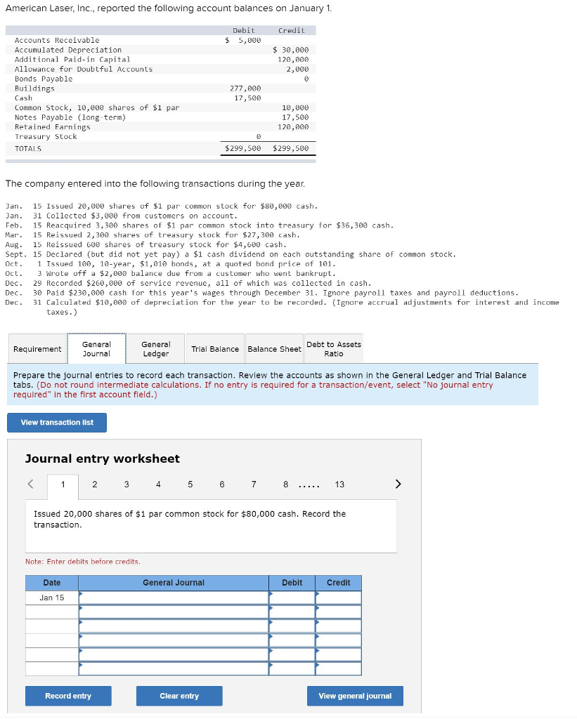 American Laser, Inc., reported the following account balances on January 1.
Accounts Receivable
Accumulated Depreciation.
Additional Paid-in Capital
Allowance for Doubtful Accounts
Bonds Payable
Buildings.
Cash
Common Stock, 10,000 shares of $1 part
Notes Payable (long-term)
Retained Earnings
Treasury Stock
TOTALS
Requirement
View transaction list
General
Journal
<
Journal entry worksheet
1
The company entered into the following transactions during the year.
Jan.
15 Issued 20,000 shares of $1 par common stock for $80,000 cash.
Jan.
31 Collected $3,000 from customers on account.
15 Reacquired 3,300 shares of $1 par common stock into treasury for $36,300 cash.
Feb.
Mar. 15 Reissued 2,300 shares of treasury stock for $27,300 cash..
Aug. 15 Reissued 600 shares of treasury stock for $4,600 cash.
Sept. 15 Declared (but did not yet pay) a $1 cash dividend on each outstanding share of common stock.
Oct.
1 Issued 100, 10-year, $1,010 bonds, at a quoted bond price of 101.
Oct.
3 Wrote off a $2,000 balance due from a customer who went bankrupt.
Dec.
29 Recorded $260,000 of service revenue, all of which was collected in cash.
Dec.
Dec.
30 Paid $230,000 cash for this year's wages through December 31. Ignore payroll taxes and payroll deductions.
31 Calculated $10,000 of depreciation for the year to be recorded. (Ignore accrual adjustments for interest and income
taxes.)
General
Ledger
2
Date
Jan 15
Prepare the journal entries to record each transaction. Review the accounts as shown in the General Ledger and Trial Balance
tabs. (Do not round intermediate calculations. If no entry is required for a transaction/event, select "No journal entry
required" in the first account field.)
Note: Enter debits before credits.
Record entry
Debit
$ 5,000
277,000
17,500
0
Credit
General Journal
$ 30,000
120,000
2,000
0
Clear entry
10,000
17,500
120,000
$299,500 $299,500
Trial Balance Balance Sheet Debt to Assets
Ratio
3 4 5 6 7 8
Issued 20,000 shares of $1 par common stock for $80,000 cash. Record the
transaction.
.....
13
Debit
Credit
View general journal
>