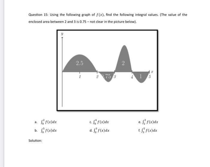 Question 15: Using the following graph of f(x), find the following integral values. (The value of the
enclosed area between 2 and 3 is 0.75-not clear in the picture below).
f f(x)dx
b. f f(x) dx
a.
Solution:
2.5
2.75 3
c. f f(x) dx
d. f f(x) dx
2
1
5
e. ff(x)dx
f. f f(x) dx