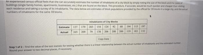 An experienced census official feels that she can accurately estimate the number of inhabitants of a city block by simply noting the size of the block and the types of
buildings (single family homes, apartments, businesses, etc.) that are found on the block. This procedure, if accurate, would be much quicker and cheaper than visiting
each residence and taking a survey of its inhabitants. The data below are estimates of block populations provided by the official for 10 blocks in a large city, and the actual
numbers of inhabitants for the same 10 blocks.
Inhabitants of City Blocks
Estimate 127 179 203
Actual
165
209
79
154 124 92 68 194 115 197
138 206 208 200 119
183
132
Copy Data
Step 1 of 2: Find the value of the test statistic for testing whether there is a linear relationship between the actual number of inhabitants and the estimated number
Round your answer to two decimal places, if necessary.