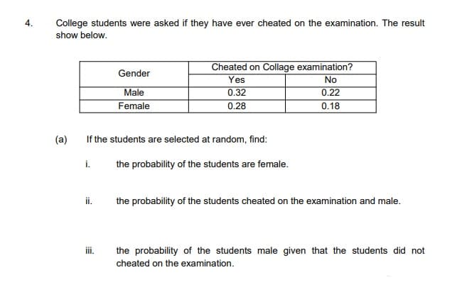 4.
College students were asked if they have ever cheated on the examination. The result
show below.
Cheated on Collage examination?
No
0.22
Gender
Yes
Male
Female
0.32
0.28
0.18
(a)
If the students are selected at random, find:
i.
the probability of the students are female.
ii.
the probability of the students cheated on the examination and male.
ii.
the probability of the students male given that the students did not
cheated on the examination.
