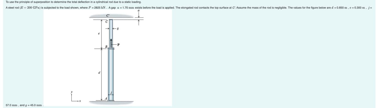 To use the principle of superposition to determine the total deflection in a cylindrical rod due to a static loading.
A steel rod (E = 200 GPa) is subjected to the load shown, where P = 2825 kN. A gap a = 1.70 mm exists before the load is applied. The elongated rod contacts the top surface at C: Assume the mass of the rod is negligible. The values for the figure below are d = 0.850 m, e = 0.300 m, j=
-8
L.
57.0 mm, and g = 45.0 mm
