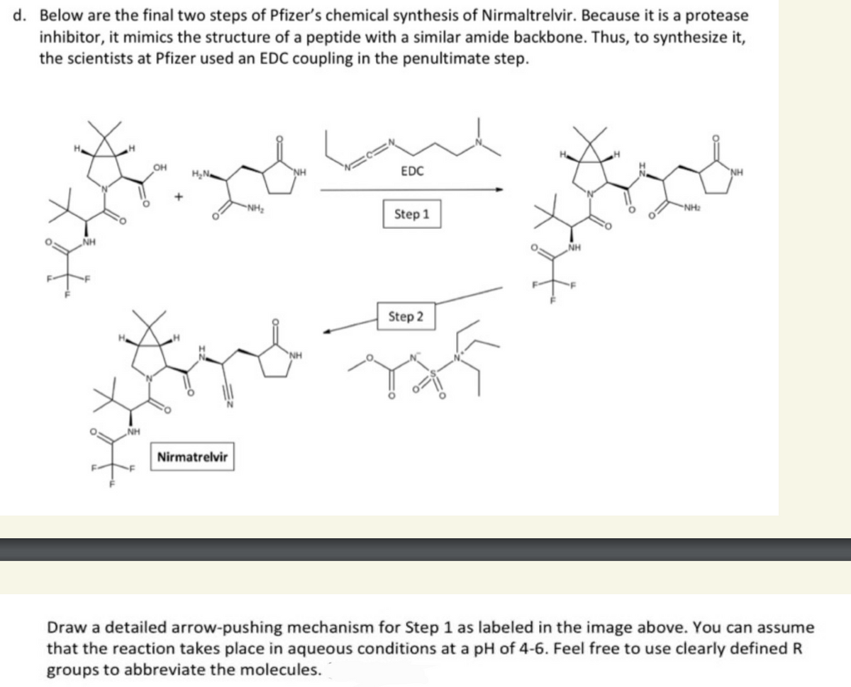 d. Below are the final two steps of Pfizer's chemical synthesis of Nirmaltrelvir. Because it is a protease
inhibitor, it mimics the structure of a peptide with a similar amide backbone. Thus, to synthesize it,
the scientists at Pfizer used an EDC coupling in the penultimate step.
он
NH
EDC
NH
NH2
NH2
Step 1
NH
NH
Step 2
„NH
Nirmatrelvir
Draw a detailed arrow-pushing mechanism for Step 1 as labeled in the image above. You can assume
that the reaction takes place in aqueous conditions at a pH of 4-6. Feel free to use clearly defined R
groups to abbreviate the molecules.
