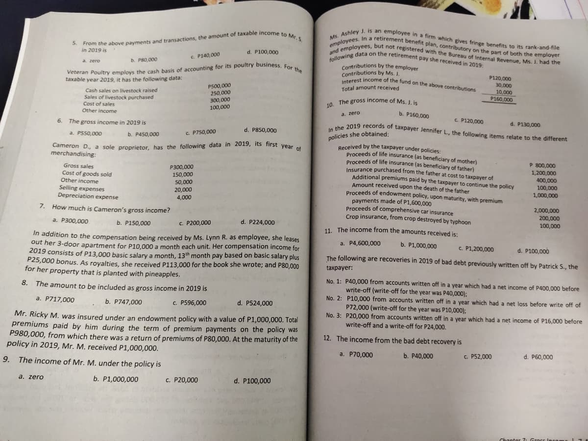 10. The gross income of Ms. J, is
Veteran Poultry employs the cash basis of accounting for its poultry business. For the
following data on the retirement pay she received in 2019:
In the 2019 records of taxpayer Jennifer L., the following items relate to the different
Ms. Ashley J. is an employee in a firm which gives fringe benefits to its rank-and-file
and employees, but not registered with the Bureau of Internal Revenue, Ms. J. had the
employees. In a retirement benefit plan, contributory on the part of both the employer
Interest income of the fund on the above contributions
in 2019 is
d. P100,000
b. PS0,000
c. P140,000
a. zero
Veteran Poultry employs the cash basis of accounting for its poultry business, For
taxable year 2019, it has the following data:
Contributions by the employer
P500,000
250,000
300,000
100,000
Contributions by Ms. J.
Comcest income of the fund on the above contributions
P120,000
30,000
10,000
P160,000
Cash sales on livestock raised
Total amount received
Sales of livestock purchased
Cost of sales
Other income
10 The gross income of Ms. J, is
a. zero
b. P160,000
C. P120,000
he 2019 records of taxpayer Jennifer L, the following items relate to the different
6.
The gross income in 2019 is
d. P130,000
d. P850,000
policies she obtained:
Received by the taxpayer under policies:
Proceeds of life insurance (as beneficiary of mother)
Proceeds of life insurance (as beneficiary of father)
Insurance purchased from the father at cost to taxpayer of
Additional premiums paid by the taxpayer to continue the policy
Amount received upon the death of the father
Proceeds of endowment policy, upon maturity, with premium
payments made of P1,600,000
Proceeds of comprehensive car insurance
Crop insurance, from crop destroyed by typhoon
a. P550,000
b. P450,000
c. P750,000
Cameron D., a sole proprietor bas the following data in 2019, its first year .
merchandising:
P 800,000
Gross sales
Cost of goods sold
Other income
Selling expenses
Depreciation expense
P300,000
150,000
50,000
20,000
4,000
1,200,000
400,000
100,000
1,000,000
7. How much is Cameron's gross income?
2,000,000
а. РЗ00,000
b. P150,000
c. P200,000
d. P224,000
200,000
11 The income from the amounts received is:
100,000
In addition to the compensation being received by Ms. Lynn R. as employee, she leases
out her 3-door apartment for P10.000 a month each unit. Her compensation income for
2019 consists of P13,000 basic salary a month, 13th month pay based on basic salary plus
P25,000 bonus. As rovalties, she received P113.000 for the book she wrote; and P80,000
for her property that is planted with pineapples.
a. P4,600,000
b. P1,000,000
c. P1,200,000
d. P100,000
The following are recoveries in 2019 of bad debt previously written off by Patrick S., the
taxpayer:
No. 1: P40,000 from accounts written off in a year which had a net income of P400,000 before
8. The amount to be included as gross income in 2019 is
write-off (write-off for the year was P40,000);
No. 2: P10,000 from accounts written off in a year which had a net loss before write off of
P72,000 (write-off for the year was P10,000);
No. 3: P20,000 from accounts written off in a year which had a net income of P16,000 before
a. P717,000
b. P747,000
c. P596,000
d. P524,000
Mr. Ricky M. was insured under an endowment policy with a value of P1,000,000. Total
premiums paid by him during the term of premium payments on the policy was
P980,000, from which there was a return of premiums of P80,000. At the maturity of the
policy in 2019, Mr. M. received P1,000,000.
write-off and a write-off for P24,000.
12. The income from the bad debt recovery is
9. The income of Mr. M. under the policy is
a. P70,000
b. Р40,000
c. P52,000
d. P60,000
a. zero
b. P1,000,000
c. P20,000
d. P100,000
Chanter 7: Grocc Incoma
