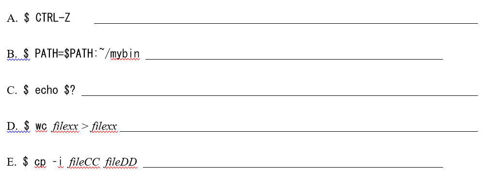 A. $ CTRL-Z
B. $ PATH=$PATH:~/mybin
С. $ echo $?
D. $ wc filexx > filexx
E. $ cp -i fileCC fileDD
