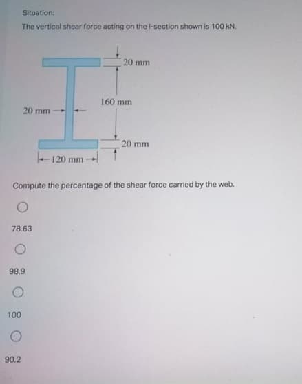 Situation:
The vertical shear force acting on the l-section shown is 100 kN.
20 mm
160 mm
20 mm
20 mm
- 120 mm -
Compute the percentage of the shear force carried by the web.
78.63
98.9
100
90.2
