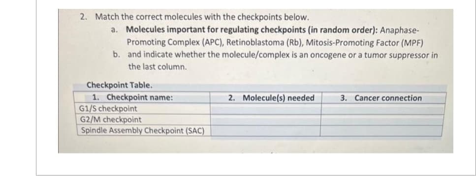 2. Match the correct molecules with the checkpoints below.
a. Molecules important for regulating checkpoints (in random order): Anaphase-
Promoting Complex (APC), Retinoblastoma (Rb), Mitosis-Promoting Factor (MPF)
b. and indicate whether the molecule/complex is an oncogene or a tumor suppressor in
the last column.
Checkpoint Table.
1. Checkpoint name:
G1/S checkpoint
G2/M checkpoint
Spindle Assembly Checkpoint (SAC)
2. Molecule(s) needed 3. Cancer connection