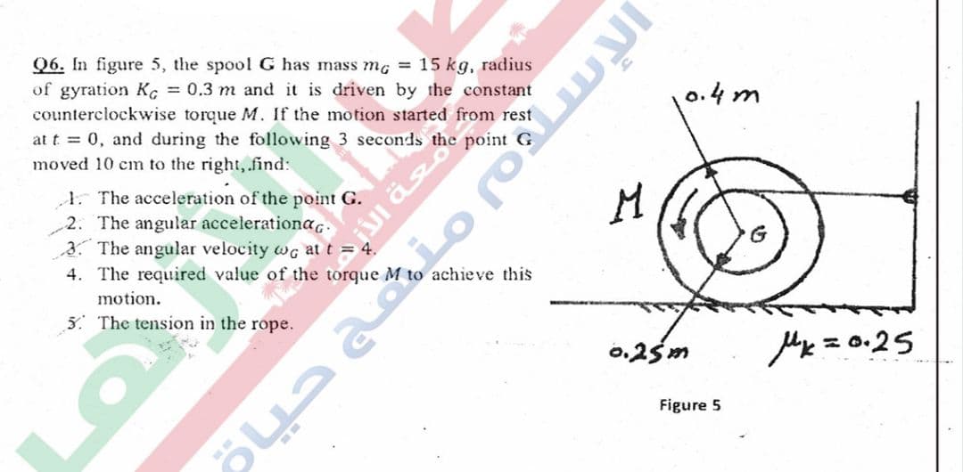 96. In figure 5, the spool G has mass mc = 15 kg, radius
of gyration K, = 0.3 m and it is driven by the constant
counterclockwise torque M. If the motion started from rest
at t 0, and during the following 3 seconds the point G
o.4 m
moved 10 cm to the right, .find:
1. The acceleration of the point G.
2. The angular accelerationa,
3. The angular velocity wg at t = 4.
4. The required value of the torque M to achieve this
motion.
5. The tension in the rope.
0,25m
Mk= 0.25
Figure 5
