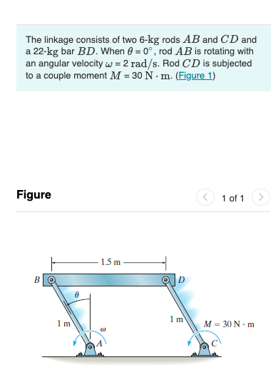 The linkage consists of two 6-kg rods AB and CD and
a 22-kg bar BD. When e = 0°, rod AB is rotating with
an angular velocity w = 2 rad/s. Rod CD is subjected
to a couple moment M = 30 Ñ · m. (Figure 1)
Figure
1 of 1
1.5 m
1m
1 m
M = 30 N- m
