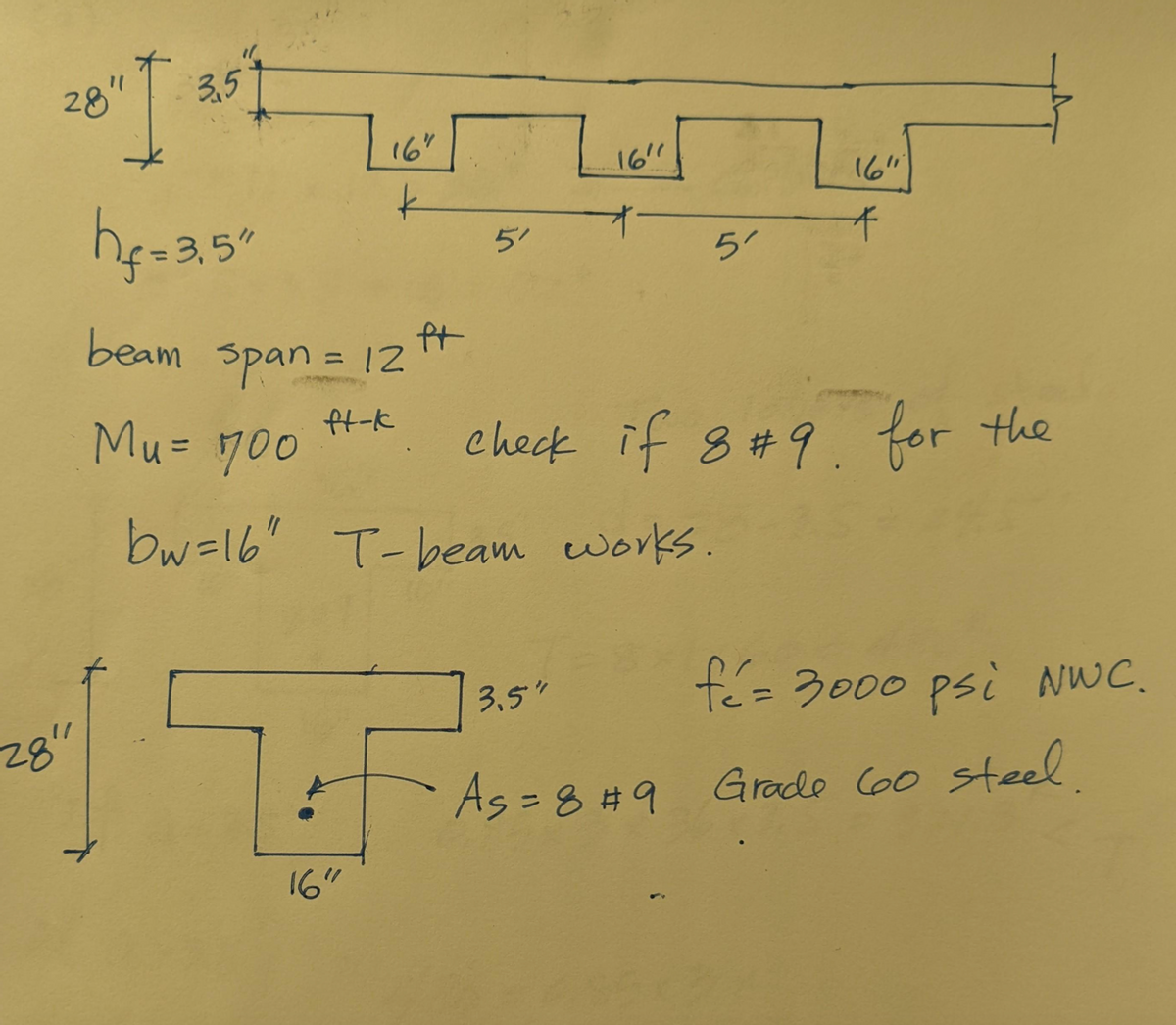 28" I
28"
3,5
1 16"
hf=3.5"
beam span = 12
ft-k
Mu= 700
16"
ft
16"
5'
bw=16" T-beam works.
3,5"
16"
check if 8#9. for the
*
fé= 3000 psi NWC.
As = 8 #9 Grade 60 steel.