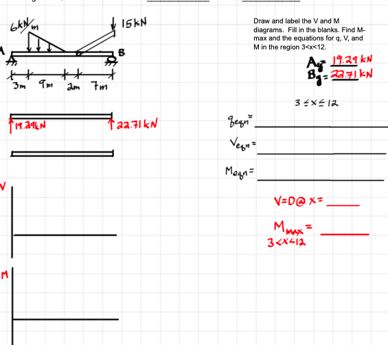 ### Structural Analysis of Beam

In this lesson, we will analyze a simply supported beam subjected to various loads. We will draw and label the shear force (V) and bending moment (M) diagrams, filling in the blanks for shear forces and bending moments, and find the maximum moments as well as determine the equations governing the shear force (V), and bending moment (M) in specific regions.

#### Beam Diagram

- A simply supported beam AB of length 22 meters
- A roller support at point A and a pin support at point B
- The beam is subjected to a point load of 6 kN at 3 meters from support A
- An angled point load of 15 kN acting at 20 degrees to the horizontal acting 14 meters from support A.

#### Support Reactions

- Reaction forces calculated at support A (Ay) and support B (By)
  - \( Ay = 19.29 \, \text{kN} \)
  - \( By = 22.71 \, \text{kN} \)

#### Shear Force (V) Diagram

The shear force diagram shows the variation of the shear force along the length of the beam. The shear force at any section is the algebraic sum of all vertical forces either to the left or right of the section.

1. Start at A with \( V = 19.29 \, \text{kN} \) (upward reaction)
2. At 3 meters from A, decrease by 6 kN (due to a downward point load)
    - \( V = 19.29 - 6 = 13.29 \, \text{kN} \)
3. At B, shear force drops to \( -22.71 \, \text{kN} \).

#### Bending Moment (M) Diagram

The bending moment diagram indicates the bending effect (moment) of the forces acting on the beam:

1. The moment along the beam changes based on the moments induced by the external loads and support reactions.
2. The bending moment equation \( M_{(x)} \) will be applicable in the region 3 meters < \( x \) < 12 meters.

#### Fill in the Blanks

- Shear Force, \( V_{(3 < x < 12)} \):
  
- Bending Moment, \( M_{(3 < x < 12)} \):
  
- Maximum Bending Moment,