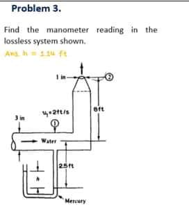 Problem 3.
Find the manometer reading in the
lossless system shown.
Ans h= 11u ft
Water
25t
Mercury

