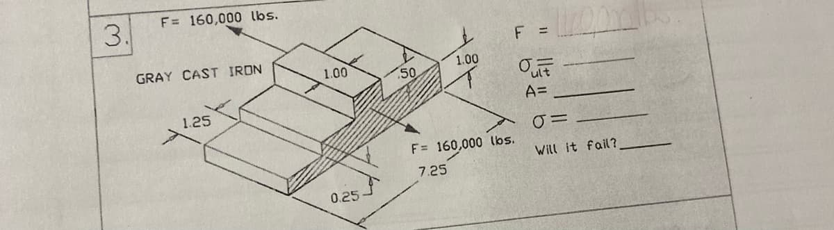 3.
F= 160,000 lbs.
GRAY CAST IRON
1.25
1.00
0.25
50
1.00
F =
QUE
A=
F = 160,000 lbs.
7.25
J=
Will it fail?