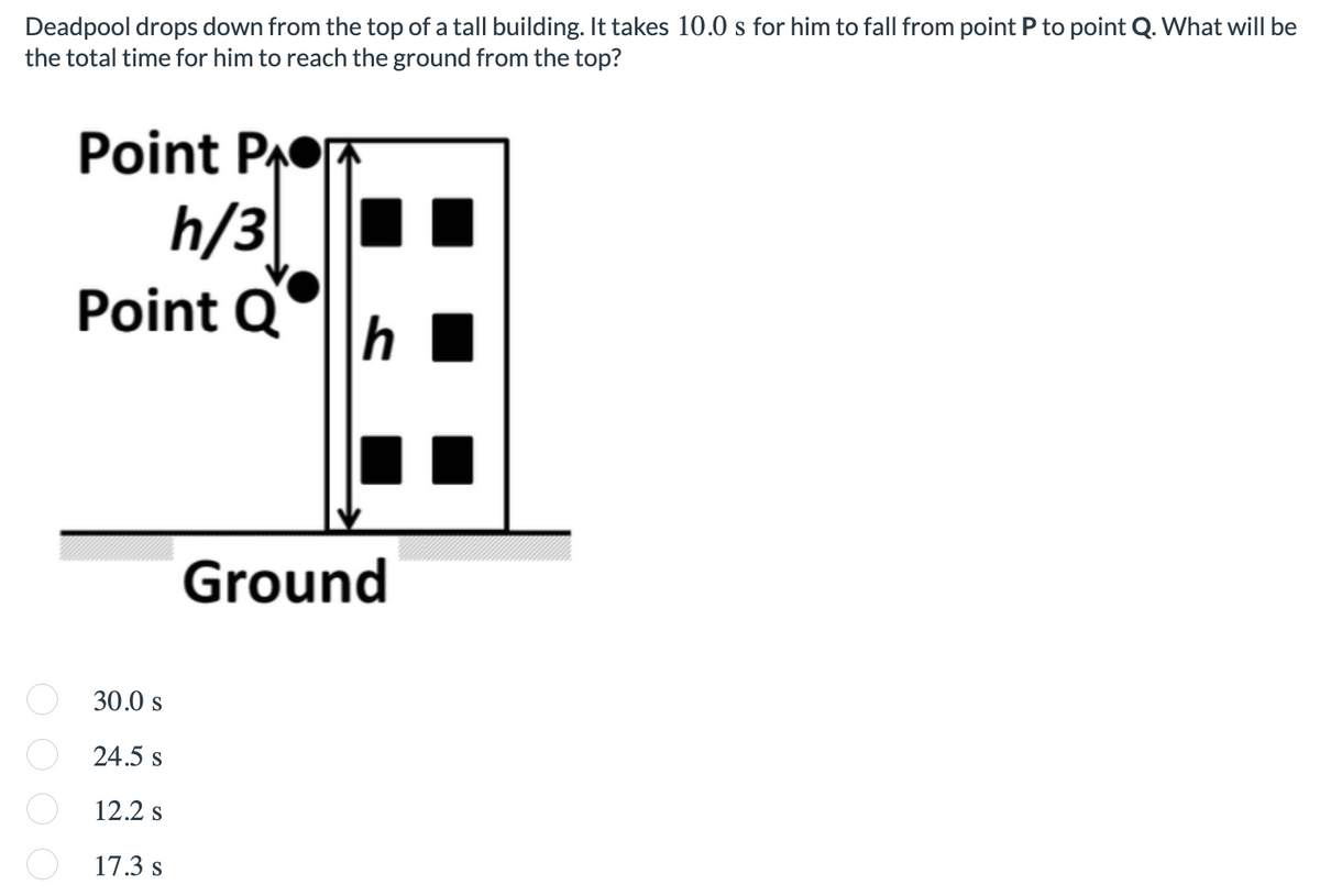 Deadpool drops down from the top of a tall building. It takes 10.0 s for him to fall from point P to point Q. What will be
the total time for him to reach the ground from the top?
Point Po
h/3
Point Q
h
Ground
30.0 s
24.5 s
12.2 s
17.3 s
