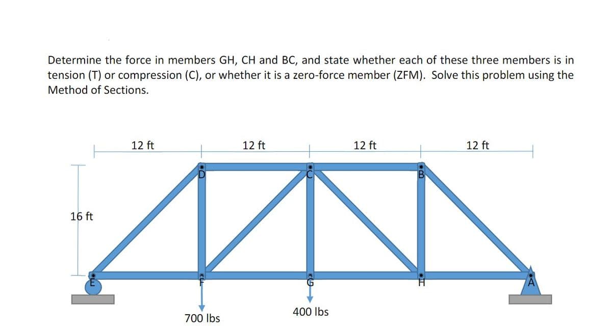 Determine the force in members GH, CH and BC, and state whether each of these three members is in
tension (T) or compression (C), or whether it is a zero-force member (ZFM). Solve this problem using the
Method of Sections.
12 ft
12 ft
12 ft
12 ft
16 ft
400 Ibs
700 Ibs
