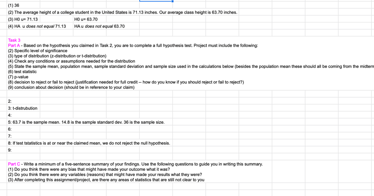 ### Task 3

#### Part A
Based on the hypothesis you claimed in Task 2, you are to complete a full hypothesis test. Project must include the following:

1. **Specific level of significance:**
   - [To be completed]

2. **Type of distribution (z-distribution or t-distribution):** 
   - t-distribution

3. **Check any conditions or assumptions needed for the distribution:**
   - [To be completed]

4. **State the sample mean, population mean, sample standard deviation, and sample size used in the calculations below (besides the population mean these should all be coming from the midterm project):**
   - Sample mean: 63.7 inches
   - Population mean: [Not specified; likely 71.13 inches from the context]
   - Sample standard deviation: 14.8 inches
   - Sample size: 36

5. **Test statistic:**
   - [To be calculated]

6. **p-value:**
   - [To be calculated]

7. **Decision to reject or fail to reject (justification needed for full credit -- how do you know if you should reject or fail to reject?):**
   - If test statistic is at or near the claimed mean, we do not reject the null hypothesis.

8. **Conclusion about decision (should be in reference to your claim):**
   - [To be completed]

### Part C
Write a minimum of a five-sentence summary of your findings. Use the following questions to guide you in writing this summary.

1. Do you think there were any bias that might have made your outcome what it was?
   - [To be answered]

2. Do you think there were any variables (reasons) that might have made your results what they were?
   - [To be answered]

3. After completing this assignment/project, are there any areas of statistics that are still not clear to you?
   - [To be answered]

---

This transcription provides guidance on performing a hypothesis test based on predetermined values and steps, emphasizing the statistical methodology required for accurate analysis in an educational context. This includes identifying the type of distribution, checking necessary assumptions, and understanding the parameters used in the calculations. The detailed steps ensure a thorough approach to hypothesis testing.