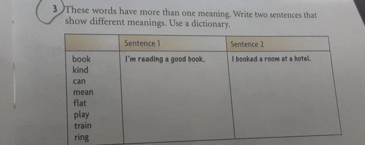 3 These words have more than one meaning. Write two sentences that
show different meanings. Use a dictionary.
Sentence 1
Sentence 2
book
kind
I'm reading a good book.
I booked a room at a hotel.
can
mean
flat
play
train
ring
