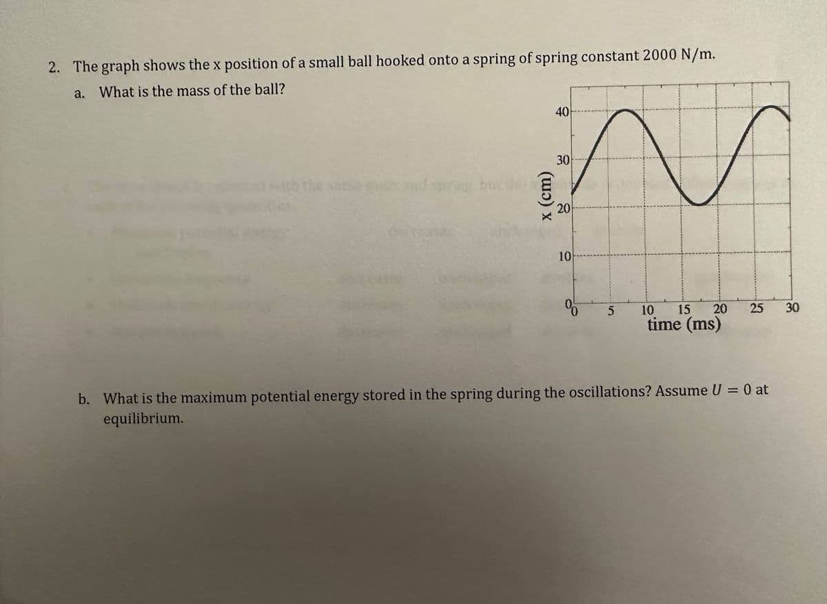 **Problem 2:**
The graph shows the x position of a small ball hooked onto a spring of spring constant 2000 N/m.

a. **What is the mass of the ball?**

b. **What is the maximum potential energy stored in the spring during the oscillations? Assume \( U = 0 \) at equilibrium.**

**Graph Explanation:**

The provided graph plots the position \( x \) (in centimeters) of a small ball against time (in milliseconds). The x-axis represents time ranging from 0 ms to 30 ms, and the y-axis represents the position \( x \) of the ball ranging from 0 cm to 40 cm. The curve depicts oscillatory motion, indicating that the ball follows a periodic back-and-forth movement due to the spring.

**Graph Details:**

- At \( t = 0 \) ms, \( x \approx 27 \) cm.
- At \( t \approx 7.5 \) ms, \( x \) reaches a peak value of \( x \approx 40 \) cm.
- At \( t \approx 15 \) ms, \( x \approx 20 \) cm which is approximately the midpoint.
- At \( t \approx 22.5 \) ms, \( x \) reaches a minimum value of \( x \approx 0 \) cm.
- The motion then continues to repeat following a sinusoidal pattern.

This periodic motion is characteristic of simple harmonic motion, a type of oscillatory motion. The spring constant provided (2000 N/m) along with this data will allow us to calculate the required physical properties such as the mass of the ball and the maximum potential energy stored in the spring.