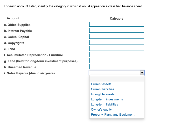 For each account listed, identify the category in which it would appear on a classified balance sheet.
Account
Category
a. Office Supplies
b. Interest Payable
c. Golub, Capital
d. Copyrights
e. Land
f. Accumulated Depreciation - Furniture
g. Land (held for long-term investment purposes)
h. Unearned Revenue
i. Notes Payable (due in six years)
Current assets
Current liabilities
Intangible assets
Long-term investments
Long-term liabilities
Owner's equity
Property, Plant, and Equipment
