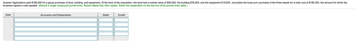 Questor Applications paid $180,000 for a group purchase of land, building, and equipment. At the time of the acquisition, the land had a market value of $95,000, the building $76,000, and the equipment $19,000. Journalize the lump-sum purchase of the three assets for a total cost of $180,000, the amount for which the
business signed a note payable. (Record a single compound journal entry. Record debits first, then credits. Select the explanation on the last line of the journal entry table.)
Date
Accounts and Explanation
Debit
Credit
