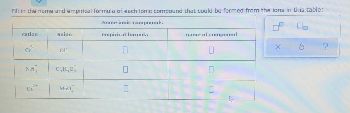 Fill in the name and empirical formula of each ionic compound that could be formed from the ions in this table:
Some ionic compounds
cation
anion
empirical formula
name of compound
Cr*
OH
NH
C,H,0,
Ca
Mno,
