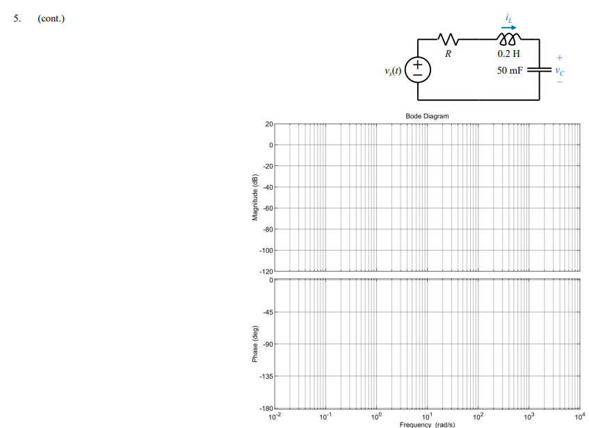 5.
(cont.)
0.2 H
+,
v,()
50 mF
Bode Diagram
-20
-40
-60
-80
-100
-120
-45
-90
-135
-180
102
101
100
102
10
10
104
Frequency (rad/s)
20
(6op) aseud
Magnitude (dB)
