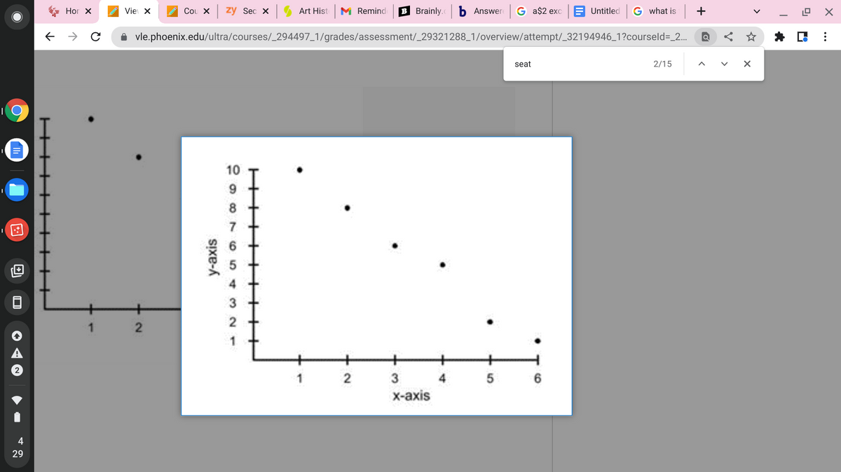 Hor X
Vie X
Cou x zy Sec x
Art Hist
M Remind
B Brainly.
b Answer G a$2 exc
Untitled
G what is
+
i vle.phoenix.edu/ultra/courses/_294497_1/grades/assessment/_29321288_1/overview/attempt/_32194946_1?courseld=_2..
seat
2/15
10
9
7
3
+
1
4
5 6
х-аxis
4
29
...
>
2.
+++ ++++
y-axis
2.
