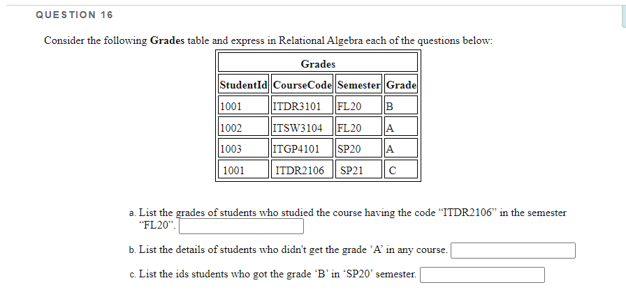 QUESTION 16
Consider the following Grades table and express in Relational Algebra each of the questions below:
Grades
StudentId CourseCode Semester Grade
1001
ITDR3101
FL20
B
1002
ITSW3104 FL20
A
1003
ITGP4101
SP20
A
1001
ITDR2106
SP21
C
a. List the grades of students who studied the course having the code "ITDR2106* in the semester
"FL20".]
b. List the details of students who didn't get the grade 'A'’ in any course.
c. List the ids students who got the grade B' in SP20° semester.
С.
