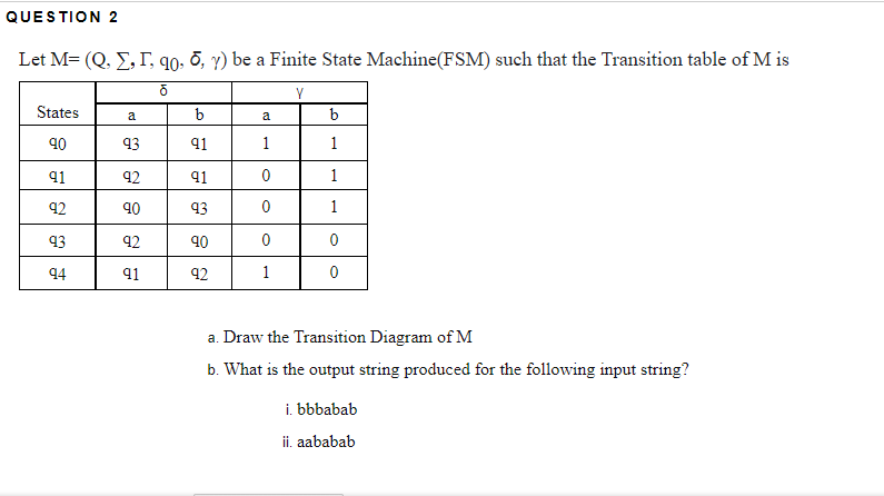 QUESTION 2
Let M= (Q. E, I, qo, õ, y) be a Finite State Machine(FSM) such that the Transition table of M is
Y
States
a
b
a
b
Ob
93
91
1
1
91
42
91
1
92
40
93
1
93
42
Ob
94
91
92
1
a. Draw the Transition Diagram of M
b. What is the output string produced for the following input string?
i. bbbabab
ii. aababab
