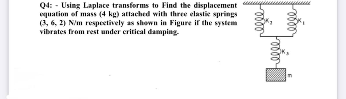 Q4: - Using Laplace transforms to Find the displacement
equation of mass (4 kg) attached with three elastic springs
(3, 6, 2) N/m respectively as shown in Figure if the system
vibrates from rest under critical damping.
m
