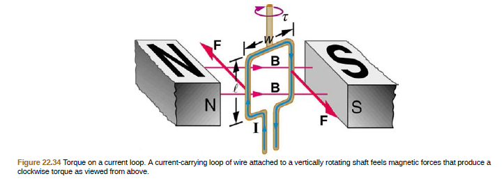 Figure 22.34 Torque on a current loop. A current-carrying loop of wire attached to a vertically rotating shaft feels magnetic forces that produce a
clockwise torque as viewed from above.
SI
