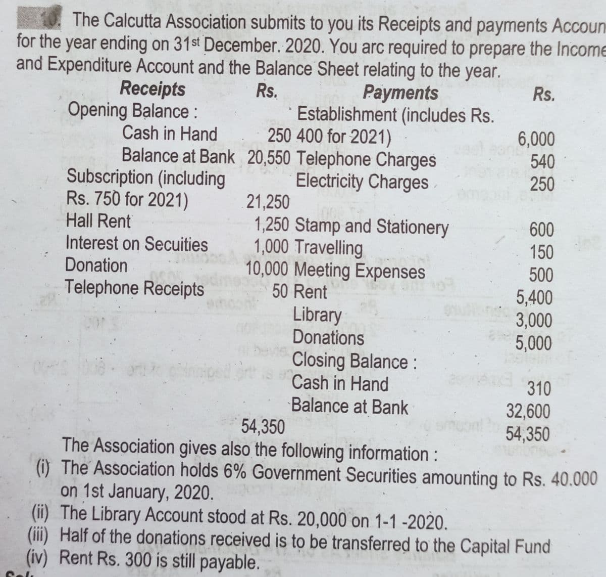 The Calcutta Association submits to you its Receipts and payments Accoun
for the year ending on 31st December. 2020. You arc required to prepare the Income
and Expenditure Account and the Balance Sheet relating to the year.
Rs.
Rs.
Receipts
Opening Balance:
Cash in Hand
Balance at Bank 20,550 Telephone Charges
Subscription (including
Rs. 750 for 2021)
Payments
Establishment (includes Rs.
250 400 for 2021)
6,000
540
Electricity Charges
21,250
1,250 Stamp and Stationery
1,000 Travelling
10,000 Meeting Expenses
50 Rent
250
Hall Rent
600
Interest on Secuities
Donation
150
500
Telephone Receipts
Library
Donations
5,400
3,000
5,000
Closing Balance :
Cash in Hand
310
Balance at Bank
54,350
32,600
54,350
The Association gives also the following information :
(i) The Association holds 6% Government Securities amounting to Rs. 40.000
on 1st January, 2020.
(ii) The Library Account stood at Rs. 20,000 on 1-1 -2020.
(iii) Half of the donations received is to be transferred to the Capital Fund
(iv) Rent Rs. 300 is still payable.
