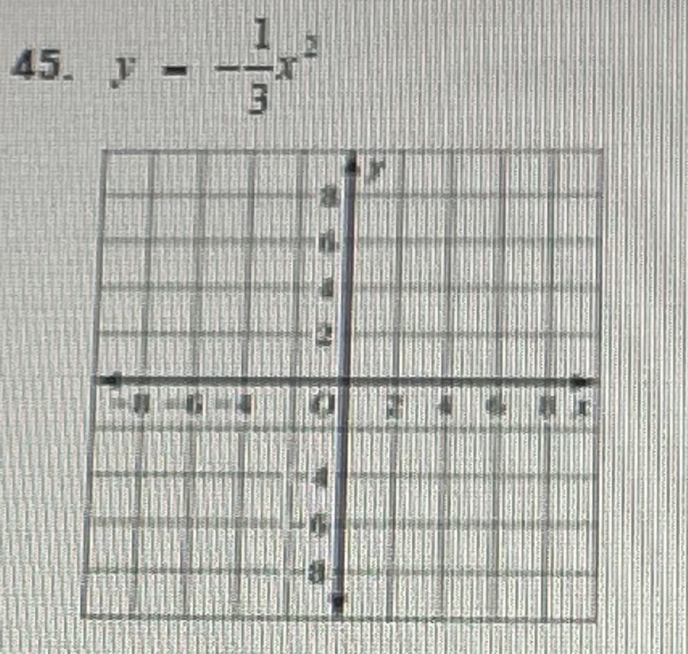 **Problem Description:**

**45. \( y = \frac{-1}{3}x^3 \)**

**Graph Description:**

The provided graph is a Cartesian coordinate system with both x and y-axes ranging from -4 to 4. Each axis has a scale marked in unit intervals. The graph plots the cubic function \( y = \frac{-1}{3}x^3 \).

### Explanation of the Graph:

The function \( y = \frac{-1}{3}x^3 \) is a cubic equation, which is characterized by its general S-shaped curve. Here, the coefficient of \( x^3 \) is negative (\( -1/3 \)), which implies that the function is reflected over the x-axis compared to the standard \( y = x^3 \) graph. It scales the graph, making it less steep due to the factor of \( 1/3 \).

**Key Observations:**

- The curve passes through the origin (0,0).
- As \( x \) increases in the positive direction, the value of \( y \) decreases, creating a downward slope.
- As \( x \) decreases in the negative direction, the value of \( y \) increases, creating an upward slope.
- There are no maxima or minima for this particular cubic function, as the direction of the curve continuously changes.
  
The general behavior of the graph indicates an inflection point at the origin where the curvature changes. This type of cubic function graph is a reflection of the typical cubic function \( y = x^3 \) but scaled down and flipped upside down because of the negative fraction.