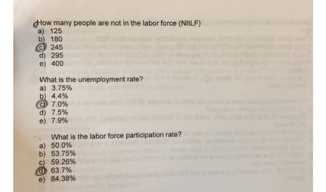 How many people are not in the labor force (NIELF)
a) 125
b) 180
C245
d) 295
e) 400
What is the unemployment rate?
a) 3.75%
b) 4.4%
C 7.0%
d) 7.5%
e) 7.9%
What is the labor force participation rate?
a) 50.0%
b) 53.75%
59.26%
d63.7%
e) 84.38%
