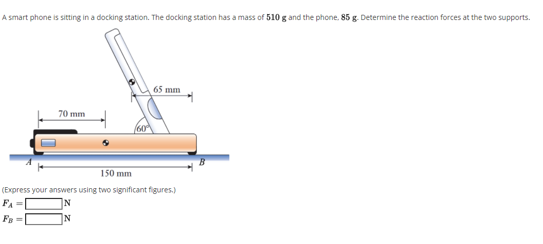 A smart phone is sitting in a docking station. The docking station has a mass of 510 g and the phone, 85 g. Determine the reaction forces at the two supports.
65 mm
70 mm
60°
150 mm
(Express your answers using two significant figures.)
FA =
N
FR =
N
