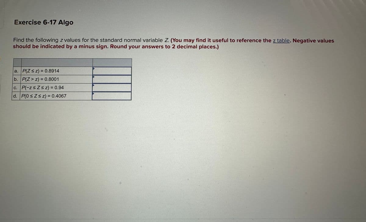 Exercise 6-17 Algo
Find the following z values for the standard normal variable Z. (You may find it useful to reference the z table. Negative values
should be indicated by a minus sign. Round your answers to 2 decimal places.)
a. P(Z ≤ z) = 0.8914
b. P(Z > z) = 0.8001
c.
P(-Z≤ Z≤ z) = 0.94
d. P(0 ≤Z≤ z) = 0.4067