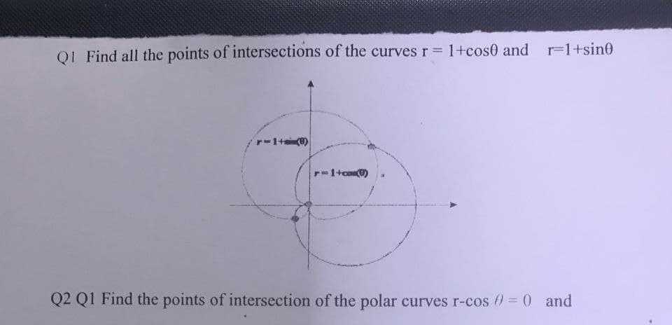 Q1 Find all the points of intersections of the curves r = 1+cos0 and r=1+sin
r=1+(8)
r=1+co(6)
Q2 Q1 Find the points of intersection of the polar curves r-cos) = 0 and