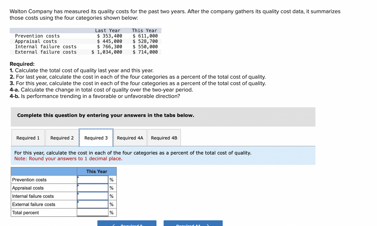 Walton Company has measured its quality costs for the past two years. After the company gathers its quality cost data, it summarizes
those costs using the four categories shown below:
Prevention costs
Appraisal costs
Internal failure costs
External failure costs
Required:
1. Calculate the total cost of quality last year and this year.
2. For last year, calculate the cost in each of the four categories as a percent of the total cost of quality.
3. For this year, calculate the cost in each of the four categories as a percent of the total cost of quality.
4-a. Calculate the change in total cost of quality over the two-year period.
4-b. Is performance trending in a favorable or unfavorable direction?
Required 1
Last Year
$ 353,400
$ 445,000
$ 766,300
$ 1,034,000
Complete this question by entering your answers in the tabs below.
Required 2
Prevention costs
Appraisal costs
Internal failure costs
External failure costs
Total percent
This Year
$ 611,000
$ 528,700
$ 550,000
$ 714,000
Required 3 Required 4A Required 4B
For this year, calculate the cost in each of the four categories as a percent of the total cost of quality.
Note: Round your answers to 1 decimal place.
This Year
%
%
%
Required AA