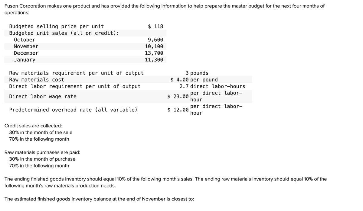 Fuson Corporation makes one product and has provided the following information to help prepare the master budget for the next four months of
operations:
Budgeted selling price per unit
Budgeted unit sales (all on credit):
October
November
December
January
Raw materials requirement per unit of output
Raw materials cost
Direct labor requirement per unit of output
Direct labor wage rate
Predetermined overhead rate (all variable)
Credit sales are collected:
30% in the month of the sale
70% in the following month
Raw materials purchases are paid:
30% in the month of purchase
70% in the following month
$118
9,600
10,100
13,700
11,300
3 pounds
$ 4.00 per pound
2.7 direct labor-hours
per direct labor-
hour
$ 23.00
$ 12.00
per direct labor-
hour
The ending finished goods inventory should equal 10% of the following month's sales. The ending raw materials inventory should equal 10% of the
following month's raw materials production needs.
The estimated finished goods inventory balance at the end of November is closest to: