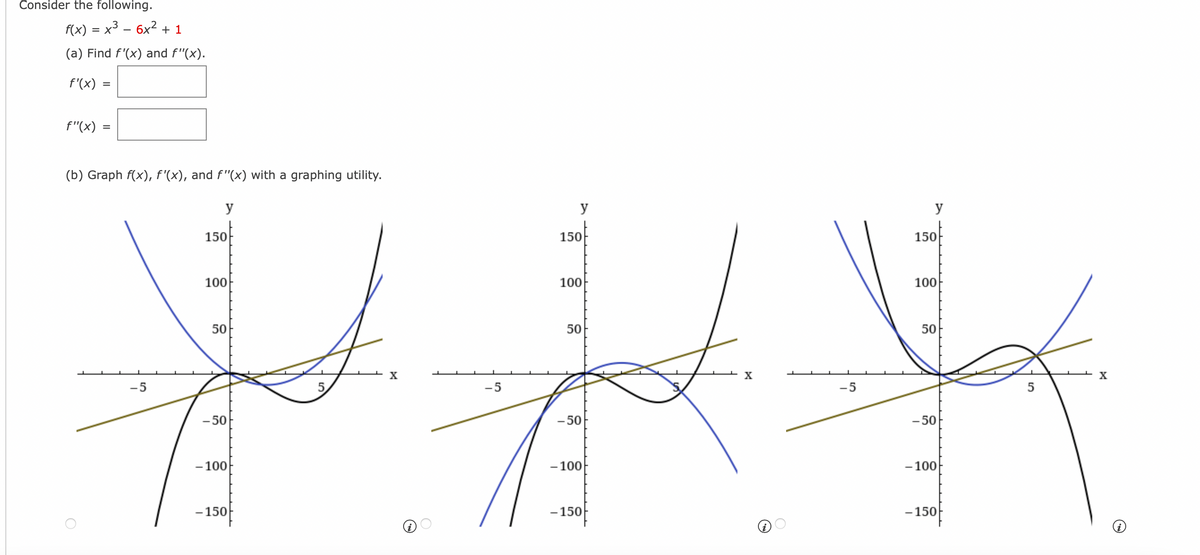 Consider the following.
f(x) = x3 - 6x2 + 1
=
(a) Find f'(x) and f"(x).
f'(x) :
=
f"(x) :
O
=
(b) Graph f(x), ƒ'(x), and f'(x) with a graphing utility.
-5
الا
y
150
100
50
-50
- 100
- 150
5
X
-5
y
150
100
50
-50
-100
- 150
X
-5
y
150
100
50
-50
-100
- 150
5
X