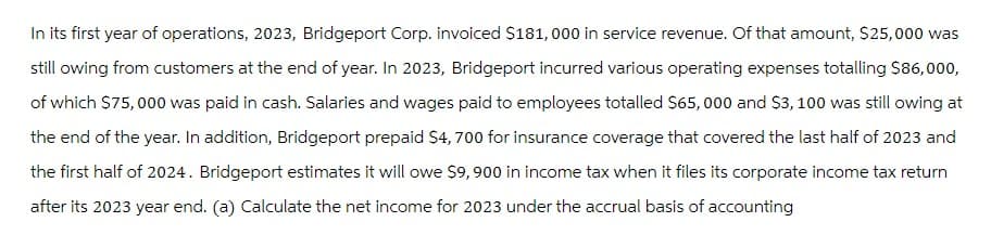 In its first year of operations, 2023, Bridgeport Corp. invoiced $181,000 in service revenue. Of that amount, $25,000 was
still owing from customers at the end of year. In 2023, Bridgeport incurred various operating expenses totalling $86,000,
of which $75,000 was paid in cash. Salaries and wages paid to employees totalled $65,000 and $3,100 was still owing at
the end of the year. In addition, Bridgeport prepaid $4,700 for insurance coverage that covered the last half of 2023 and
the first half of 2024. Bridgeport estimates it will owe $9,900 in income tax when it files its corporate income tax return
after its 2023 year end. (a) Calculate the net income for 2023 under the accrual basis of accounting