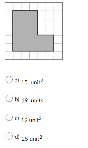 a) 15 unit²
b) 19 units
c) 19 unit²
d)
25 unit²